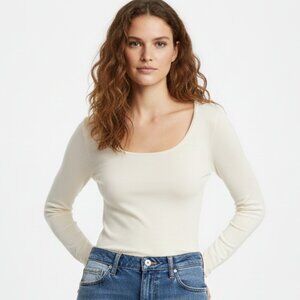MAJESTIC WOMEN'S CREAM SCOOP NECK STRETCH JERSEY LONG TEE TOP - XS/S (TAILLE 1)